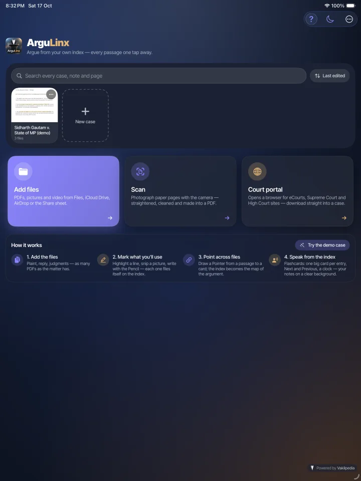 ArguLinx home on iPad in dark mode